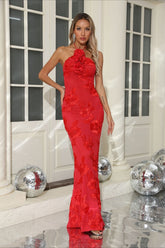 Sexy Halter 3D Flower Embroidery Open Back Bodycon Party Dress