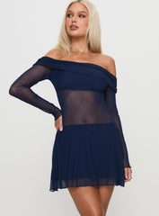 Virtues Long Sleeve Sheer Mini Dress Navy