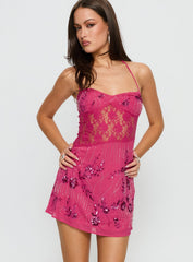 Havanna Halter Embellished Mini Dress Magenta