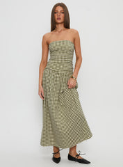 Frankey Strapless Drop Waist Maxi Dress Green Check