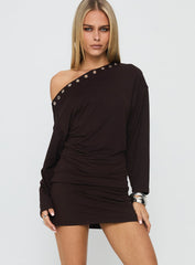 Sakaia Long Sleeve Eyelet Mini Dress Brown