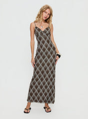 Idaline V Neck Maxi Dress Brown Check