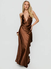 Annissa Plunge Halter Maxi Dress Dark Brown
