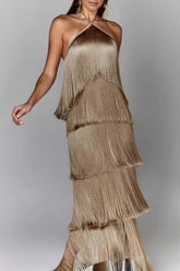 Sexy Fringed Trim Backless Halter Sleeveless Dresses(4 Colors)