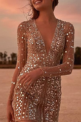 Fashion Elegant Patchwork Sequins See-through Mesh V Neck Pencil Skirt Dresses