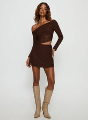 Fade To Black Off Shoulder Long Sleeve Mini Dress Chocolate