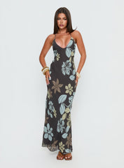 Esmira Halter Maxi Dress Chocolate / Blue Floral
