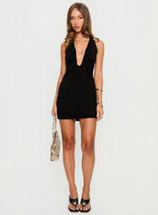 Amalita Plunge Halter Mini Dress Black