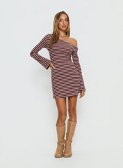 Adrietta Long Sleeve Off Shoulder Mini Dress Chocolate / Pink Stripe