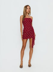 Karlena Strapless Ruched Mini Dress Burgundy Polka Dot