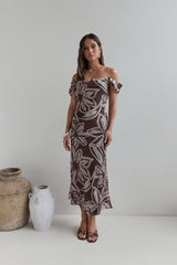 Desert Flower Off Shoulder Maxi Dress Brown