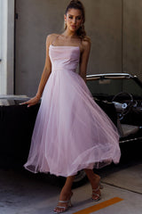Floating By Pleated Neckline Mesh Midi Dress Blush