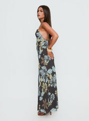 Esmira Halter Maxi Dress Chocolate / Blue Floral