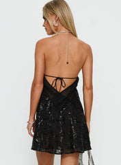 Cassy Necklace Halter Mini Dress Black