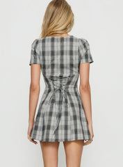 Twist Of Fate V Neck Mini Dress Navy Plaid