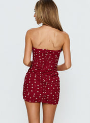 Karlena Strapless Ruched Mini Dress Burgundy Polka Dot