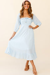 Flynn Off-Shoulder Shirred Bust Midi Dress Ice Blue
