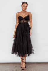 Trophy Lace Bodice Mesh Midi Dress Black