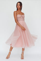 Smitten Lace Insert Tulle Midi Dress Blush