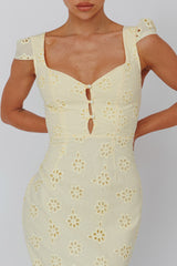 Bohemian Sun Cap Sleeve Eyelet Midi Dress Yellow