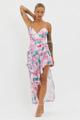 Check Mate Frill Trim Cut-Out Split Dress Floral Pink
