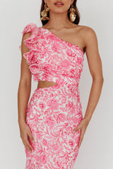 Deanna One-Shoulder Ruffle Midi Dress Floral Pink