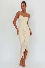 Kamilah Gathered Cascading Ruffle Midi Dress Butter