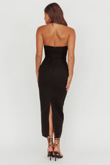 She Is Button Front Halter Midi Dress Tweed Black