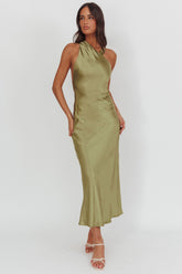 Florisse Asymmetric Neckline Maxi Dress Olive