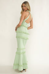 Haze Frill Trim Halterneck Maxi Dress Sage
