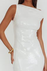 Country Club Asymmetric Neckline Midi Dress Sequin White