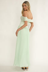 Flutters Off-Shoulder Accordion Pleat Dress Sage