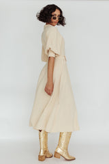 Mallory Belted Waist Lantern Sleeve Midi Dress Beige