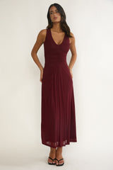Cambrea Ruched Bodice Midi Dress Burgundy