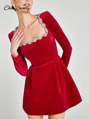Velvet Square Collar Beading Long Sleeve Dress Women High Waist Slim A-line Party Dresses Lady Christmas Evening Gowns New