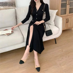 Korean Chic Knitted Dresses for Women V-neck Long Sleeve Slim Bodycon Ruffles Party Dress Casual Autumn Winter New Vestidos