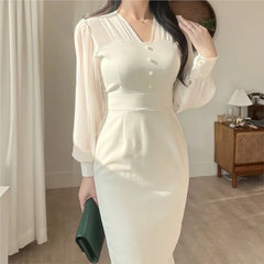 Korean Fashion Bodycon Midi Dresses for Women Mesh Patchwork Long Sleeve Fishtail Office Lady Mermaid Party Dress Slim Mermaid