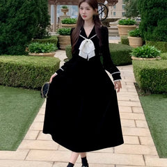 Elegant Vintage Lapel Midi Dresses for Women Bow Long Sleeve Birthday Party Dress A-line Autumn New Korean Fashion Vestido Mujer