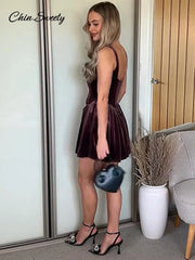 Fashion Velvet Sling Mini Dress Women Square Collar Sleeveless Backless A-line Zipper Party Dresses Elegant Lady Vestidos