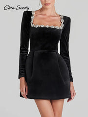 Velvet Square Collar Beading Long Sleeve Dress Women High Waist Slim A-line Party Dresses Lady Christmas Evening Gowns New