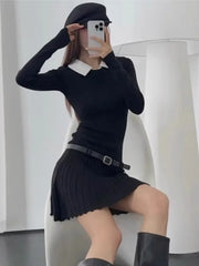 Korean Fashion Knitted Short Dresses for Women Autumn New Patchwork Long Sleeve Pleated A-line Y2K Sexy Party Dress with Belt