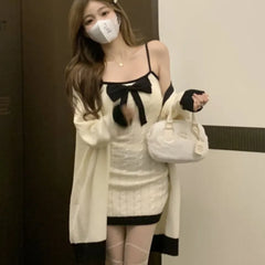 Elegant Knitted Two-Piece Set Women Bow Designer Sweet Party Dress Set Female Korean Style Sweater Mini Dress Suit Winter