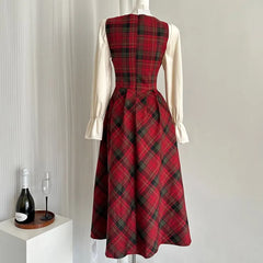 French Vintage Two-piece Dress Set Women Flare Sleeve Shirt Red Plaid Strap Dress A-line Autumn Winter New Christmas Party Dress