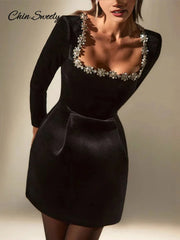 Velvet Square Collar Beading Long Sleeve Dress Women High Waist Slim A-line Party Dresses Lady Christmas Evening Gowns New