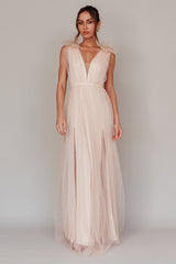 Ludivine Shoulder Accent Mesh Midi Dress Glitter Champagne