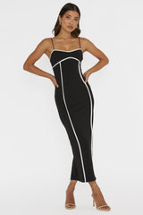 Justyna Contrast Piping Trim Midi Dress Black