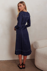 Aspen Love Front Pocket Long Sleeve Midi Dress Indigo