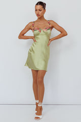 Rose Garden Floral Applique Mini Dress Lime