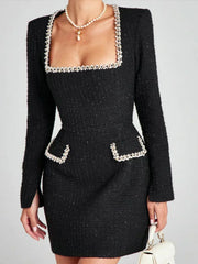 Elegant Tweed Short Party Dress Women Long Sleeve Square Collar Fake Pocket Evening Dresses Autumn Shiny Slim A-line Robes