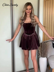 Fashion Velvet Sling Mini Dress Women Square Collar Sleeveless Backless A-line Zipper Party Dresses Elegant Lady Vestidos